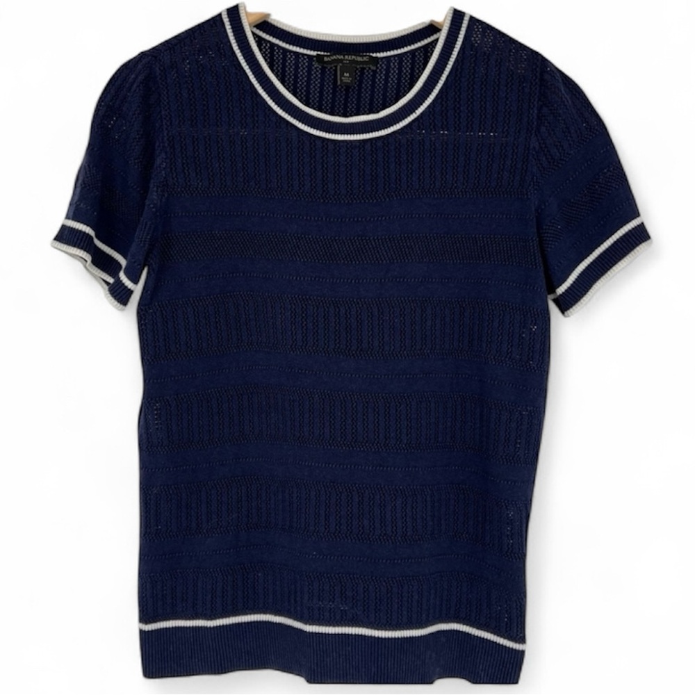 Banana Republic Semisheer Pointelle Preppy Blue White Sweater Short Sleeve Shirt